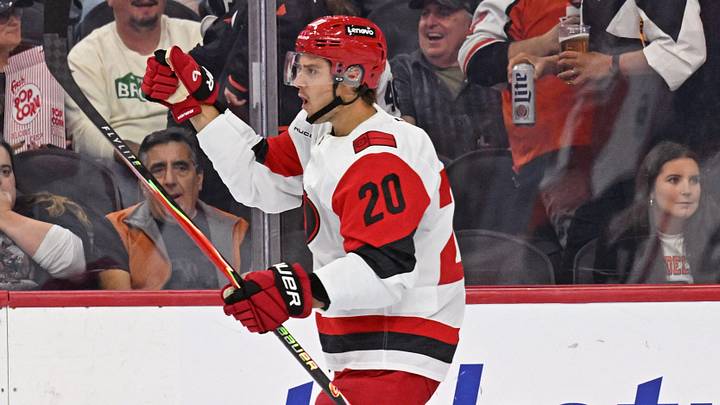 Oct 3, 2026; Philadelphia, Pennsylvania, USA; Carolina Hurricanes center Sebastian Aho (20) celebrates his goal against the Philadelphia Flyers during the first period at Xfinity Mobile Arena. Mandatory Credit: Eric Hartline-Imagn Images