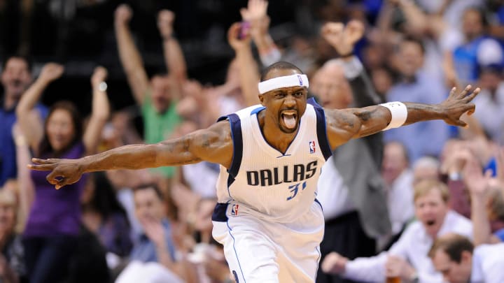 apr 18, 2012; dallas, tx, usa; dallas mavericks shooting guard jason terry (31) celebrates a three point shot during the fourth quarter against the houston rockets at the american airlines center. the mavericks defeated the rockets 117-110. mandatory credit: jerome miron-Imagn Images