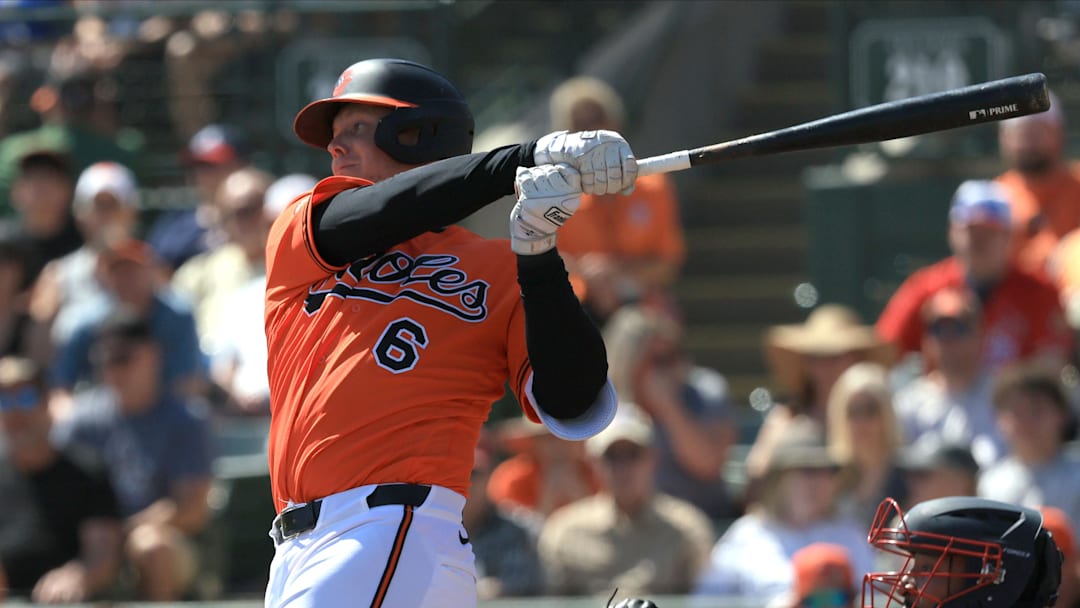 Feb 28, 2026; Sarasota, Florida, USA;  Baltimore Orioles designated hitter Ryan Mountcastle (6) singles during the second inning against the Atlanta Braves at Ed Smith Stadium. Mandatory Credit: Kim Klement Neitzel-Imagn Images
