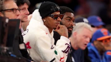 Nov 15, 2024; New York, New York, USA; Manchester United player Marcus Rashford sits court side during the fourth quarter between the New York Knicks and the Brooklyn Nets at Madison Square Garden. Mandatory Credit: Brad Penner-Imagn Images