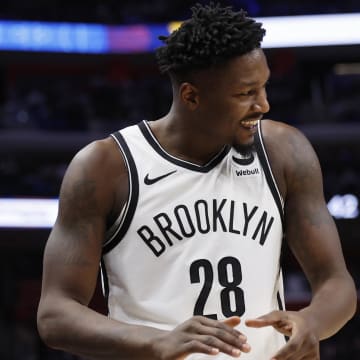 Dec 26, 2023; Detroit, Michigan, USA; Brooklyn Nets forward Dorian Finney-Smith (28) reacts during the second half against the Detroit Pistons at Little Caesars Arena. Mandatory Credit: Rick Osentoski-USA TODAY Sports