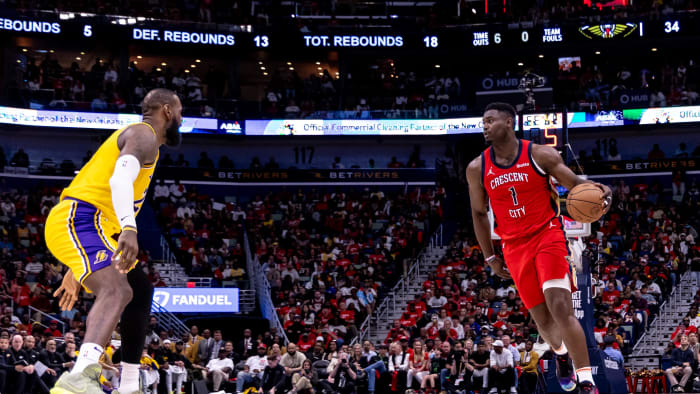 Apr 16, 2024; New Orleans, Louisiana, USA; New Orleans Pelicans forward Zion Williamson (1) dribbles