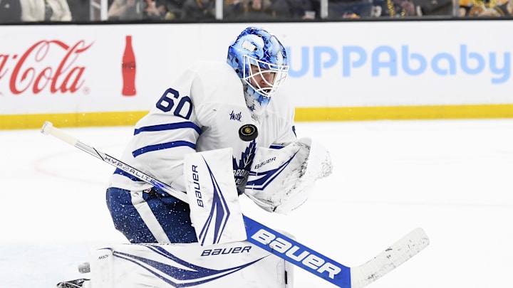 Apr 30, 2024; Boston, Massachusetts, USA; Toronto Maple Leafs goaltender Joseph Woll (60) makes a save during the third period in game five of the first round of the 2024 Stanley Cup Playoffs against the Boston Bruins at TD Garden. Mandatory Credit: Bob DeChiara-USA TODAY Sports