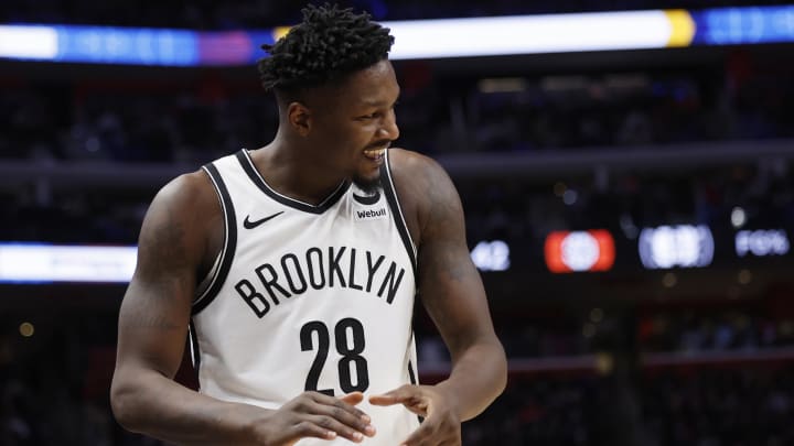 Dec 26, 2023; Detroit, Michigan, USA; Brooklyn Nets forward Dorian Finney-Smith (28) reacts during the second half against the Detroit Pistons at Little Caesars Arena. Mandatory Credit: Rick Osentoski-USA TODAY Sports