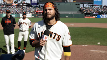Oct 1, 2023; San Francisco, California, USA; San Francisco Giants shortstop Brandon Crawford (35) addresses the fans following the final game of the season, against the Los Angeles Dodgers, at Oracle Park. Mandatory Credit: D. Ross Cameron-Imagn Images
