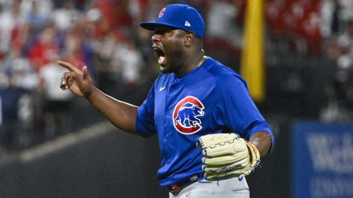 Jul 12, 2024; St. Louis, Missouri, USA;  Chicago Cubs relief pitcher Hector Neris (51) reacts after the Cubs defeated the St. Louis Cardinals at Busch Stadium.