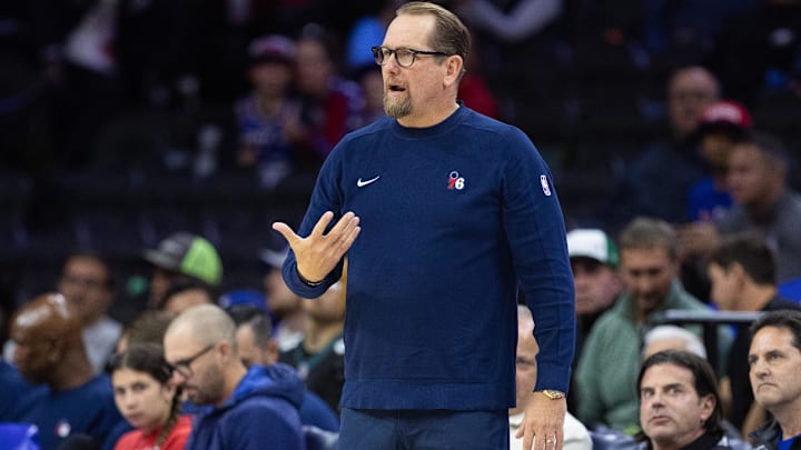 Oct 16, 2024; Philadelphia, Pennsylvania, USA; Philadelphia 76ers head coach Nick Nurse reacts during the fourth quarter against the Brooklyn Nets at Wells Fargo Center. Mandatory Credit: Bill Streicher-Imagn Images