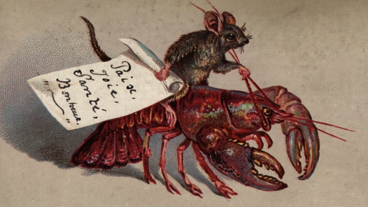 Victorian Christmas card showing a mouse riding a lobster