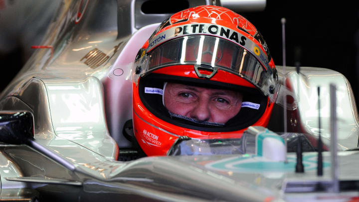 Nov 17, 2012; Austin, TX, USA; Formula One driver Michael Schumacher (7) during practice for the United States Grand Prix at the Circuit of the Americas. Mandatory Credit: Jerome Miron-USA TODAY Sports