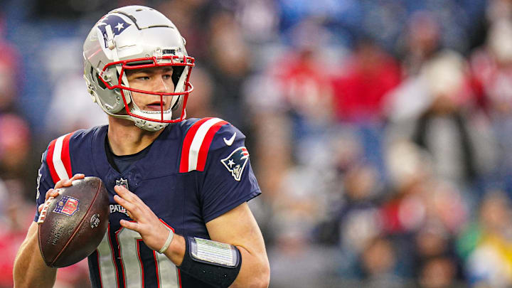 Dec 28, 2024; Foxborough, Massachusetts, USA; New England Patriots quarterback Drake Maye (10) looks to pass the ball against the Los Angeles Chargers in the second half at Gillette Stadium. Mandatory Credit: David Butler II-Imagn Images