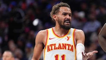 Apr 11, 2025; Philadelphia, Pennsylvania, USA; Atlanta Hawks guard Trae Young (11) reacts against the Philadelphia 76ers in the third quarter at Wells Fargo Center. Mandatory Credit: Kyle Ross-Imagn Images