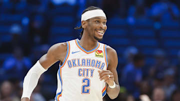 Oct 17, 2024; Oklahoma City, Oklahoma, USA; Oklahoma City Thunder guard Shai Gilgeous-Alexander (2) runs down the court after scoring against the Atlanta Hawks during the first quarter at Paycom Center. Mandatory Credit: Alonzo Adams-Imagn Images