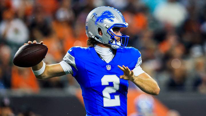 Aug 13, 2026; Cincinnati, Ohio, USA; Detroit Lions quarterback Luke Altmyer (2) throws a pass against the Cincinnati Bengals in the first half at Paycor Stadium. Mandatory Credit: Katie Stratman-Imagn Images