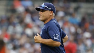 Jul 9, 2025; Detroit, Michigan, USA;  Tampa Bay Rays manager Kevin Cash (mg) walks off the field in the seventh inning against the Detroit Tigers at Comerica Park. 