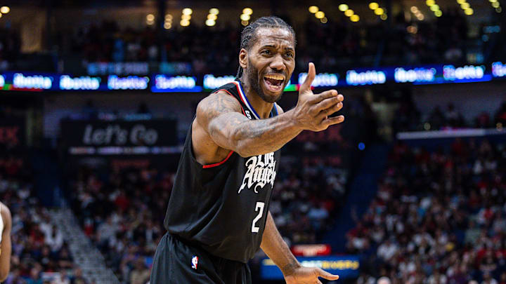 Apr 1, 2023; New Orleans, Louisiana, USA; LA Clippers forward Kawhi Leonard (2) reacts in the game against against the New Orleans Pelicans during the second half at Smoothie King Center. Mandatory Credit: Stephen Lew-Imagn Images Apr 1, 2023; New Orleans, Louisiana, USA; LA Clippers forward Kawhi Leonard (2) reacts in the game against against the New Orleans Pelicans during the second half at Smoothie King Center. Mandatory Credit: Stephen Lew-Imagn Images