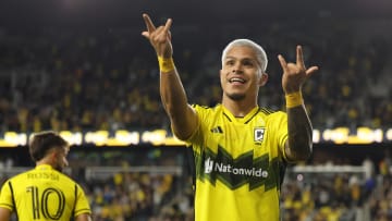 Aug 21, 2024; Columbus, Ohio, USA; Columbus Crew forward Cucho Hernandez (9) celebrates after scoring a goal against the Philadelphia Union during the second half in a Leagues Cup semifinal match at Lower.com Field. Mandatory Credit: Trevor Ruszkowski-USA TODAY Sports