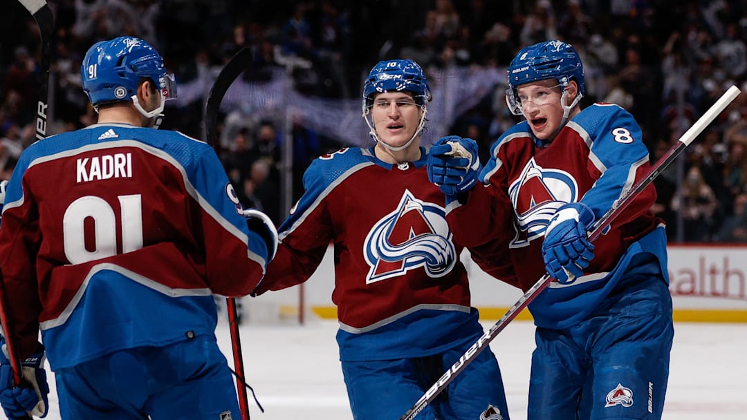 Jan 8, 2022; Denver, Colorado, USA; Colorado Avalanche defenseman Cale Makar (8) celebrates his goal with right wing Nicolas Aube-Kubel (16) and center Nazem Kadri (91) in the second period against the Toronto Maple Leafs at Ball Arena. Mandatory Credit: Isaiah J. Downing-Imagn Images Jan 8, 2022; Denver, Colorado, USA; Colorado Avalanche defenseman Cale Makar (8) celebrates his goal with right wing Nicolas Aube-Kubel (16) and center Nazem Kadri (91) in the second period against the Toronto Maple Leafs at Ball Arena. Mandatory Credit: Isaiah J. Downing-Imagn Images