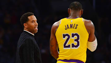 March 6, 2020; Los Angeles, California, USA; Los Angeles Lakers forward LeBron James (23) speaks with businessman Maverick Carter (left) during a stoppage in play in the second half at Staples Center. Mandatory Credit: Gary A. Vasquez-Imagn Images