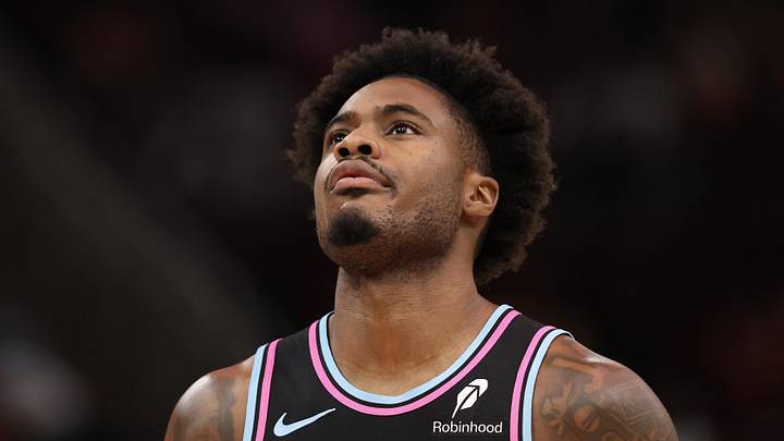Miami Heat guard Davion Mitchell (45) reacts (Mandatory Credit: Thomas Shea-Imagn Images)