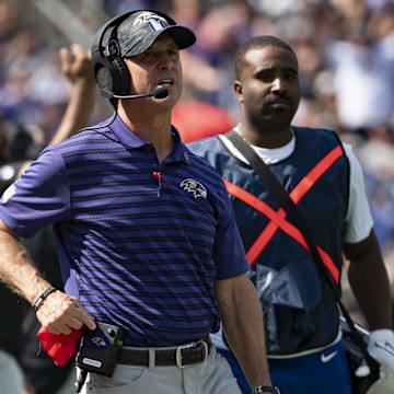 Sep 15, 2024; Baltimore, Maryland, USA;  Baltimore Ravens head coach Baltimore Ravens head coach John Harbaugh looks on to the field during the first half against the Las Vegas Raiders at M&T Bank Stadium. Mandatory Credit: Tommy Gilligan-Imagn Images