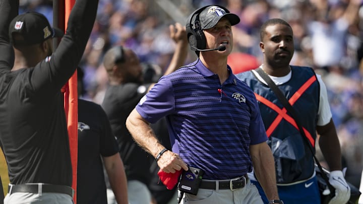 Sep 15, 2024; Baltimore, Maryland, USA;  Baltimore Ravens head coach Baltimore Ravens head coach John Harbaugh looks on to the field during the first half against the Las Vegas Raiders at M&T Bank Stadium. Mandatory Credit: Tommy Gilligan-Imagn Images