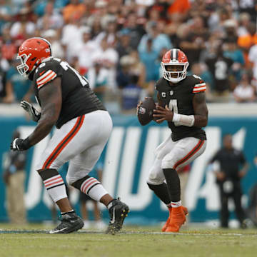 Sep 15, 2024; Jacksonville, Florida, USA; Cleveland Browns quarterback Deshaun Watson (4) drops to throw against the Jacksonville Jaguars during the fourth quarter at EverBank Stadium. Mandatory Credit: Morgan Tencza-Imagn Images