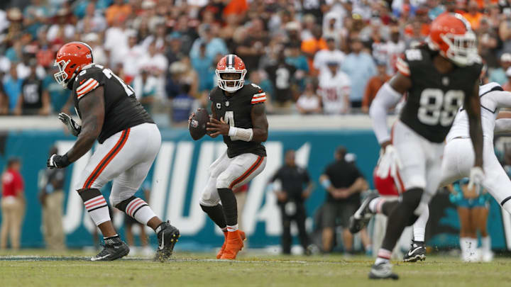 Sep 15, 2024; Jacksonville, Florida, USA; Cleveland Browns quarterback Deshaun Watson (4) drops to throw against the Jacksonville Jaguars during the fourth quarter at EverBank Stadium. Mandatory Credit: Morgan Tencza-Imagn Images