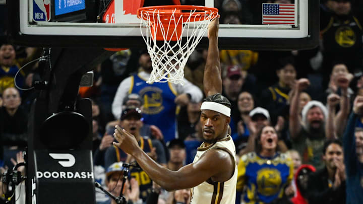 Dec 22, 2025; San Francisco, California, USA; Golden State Warriors forward Jimmy Butler III (10) dunks against the Orlando Magic in the second quarter at Chase Center. Mandatory Credit: Eakin Howard-Imagn Images