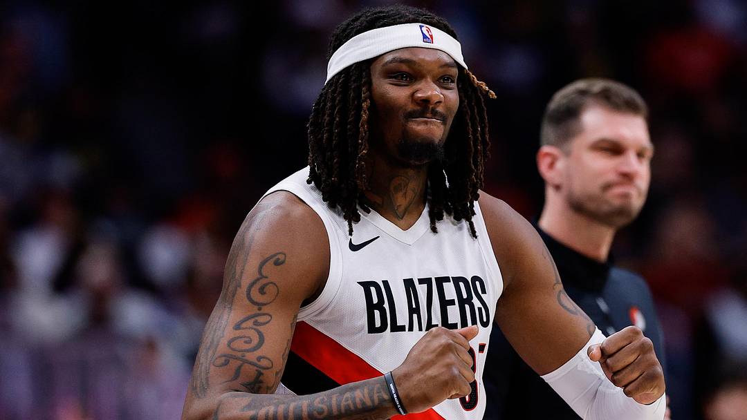 Apr 6, 2026; Denver, Colorado, USA; Portland Trail Blazers center Robert Williams III (35) reacts from the sideline in the third quarter against the Denver Nuggets at Ball Arena. Mandatory Credit: Isaiah J. Downing-Imagn Images