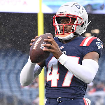 August 8, 2024; Foxborough, MA, USA;  New England Patriots cornerback Mikey Victor (47) warms up before a game against the Carolina Panthers at Gillette Stadium. Mandatory Credit: Eric Canha-Imagn Images