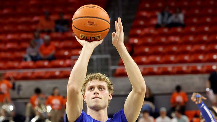 Feb 21, 2026; Auburn, Alabama, USA;  Kentucky Wildcats guard Collin Chandler (5) warms up before the game against the Auburn Tigers at Neville Arena. Mandatory Credit: John Reed-Imagn Images