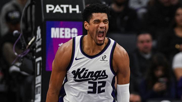 Jan 11, 2026; Sacramento, California, USA; Sacramento Kings center Dylan Cardwell (32) reacts during the second quarter Houston Rockets at Golden 1 Center. Mandatory Credit: Justine Willard-Imagn Images