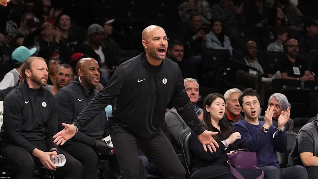 Oct 14, 2024; Brooklyn, New York, USA; Brooklyn Nets head coach Jordi Fernandez reacts to a play on the court against the Washington Wizards during the first half at Barclays Center. Mandatory Credit: Gregory Fisher-Imagn Images