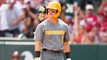 Tennessee's Hunter Ensley (9) makes a face after striking out during game one of the NCAA baseball tournament Fayetteville Super Regional between Tennessee and Arkansas held at Baum-Walker Stadium on Saturday, June 7, 2025.