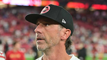 Jan 5, 2025; Glendale, Arizona, USA;  San Francisco 49ers head coach Kyle Shanahan looks on after losing to the Arizona Cardinals at State Farm Stadium. Mandatory Credit: Matt Kartozian-Imagn Images