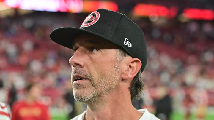 Jan 5, 2025; Glendale, Arizona, USA;  San Francisco 49ers head coach Kyle Shanahan looks on after losing to the Arizona Cardinals at State Farm Stadium. Mandatory Credit: Matt Kartozian-Imagn Images