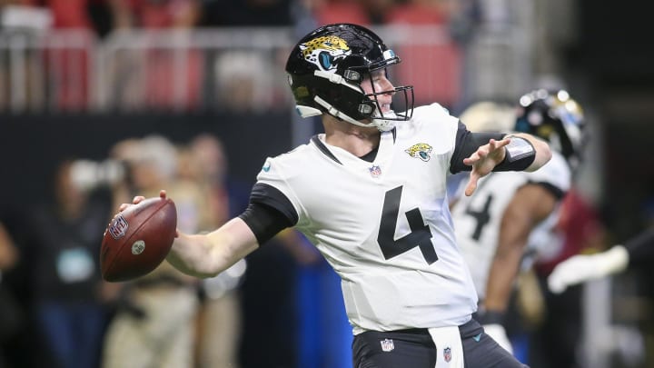 Aug 27, 2022; Atlanta, Georgia, USA; Jacksonville Jaguars quarterback E.J. Perry (4) throws the ball against the Atlanta Falcons in the first half at Mercedes-Benz Stadium. Mandatory Credit: Brett Davis-USA TODAY Sports