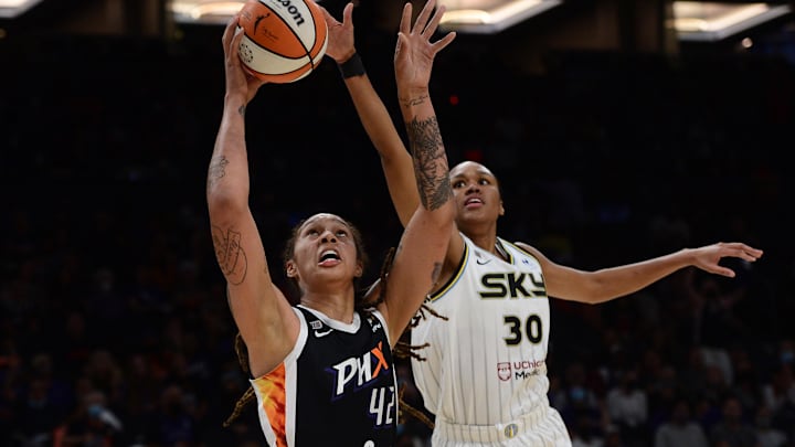 Oct 13, 2021; Phoenix, Arizona, USA; Phoenix Mercury center Brittney Griner (42) goes up for a dunk against Chicago Sky center Azura Stevens (30) during the first half of game two of the 2021 WNBA Finals at Footprint Center. Mandatory Credit: Joe Camporeale-Imagn Images