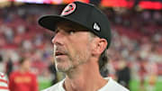 Jan 5, 2025; Glendale, Arizona, USA;  San Francisco 49ers head coach Kyle Shanahan looks on after losing to the Arizona Cardinals at State Farm Stadium. Mandatory Credit: Matt Kartozian-Imagn Images