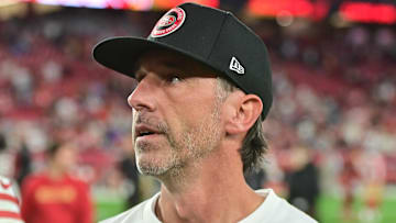 Jan 5, 2025; Glendale, Arizona, USA;  San Francisco 49ers head coach Kyle Shanahan looks on after losing to the Arizona Cardinals at State Farm Stadium. Mandatory Credit: Matt Kartozian-Imagn Images
