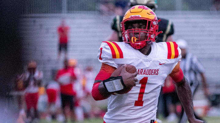 Clearwater Central Catholic Jershaun Newton (1) runs the ball in the first half at Trinity Catholic in Ocala, Florida on Friday, September 2, 2022. At the half the Celtics were up 28-14. [Cyndi Chambers/Ocala Star Banner]

Florida High School Football Trinity Catholic Celtics Vs Clearwater Central Catholic Marauders