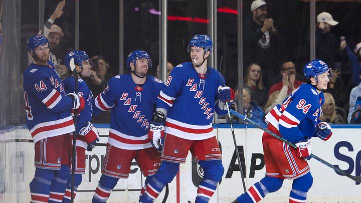 Apr 4, 2026; New York, New York, USA; New York Rangers right wing Gabe Perreault (94) celebrates his second goal against the Detroit Red Wings during the third period at Madison Square Garden. Mandatory Credit: Danny Wild-Imagn Images Apr 4, 2026; New York, New York, USA; New York Rangers right wing Gabe Perreault (94) celebrates his second goal against the Detroit Red Wings during the third period at Madison Square Garden. Mandatory Credit: Danny Wild-Imagn Images