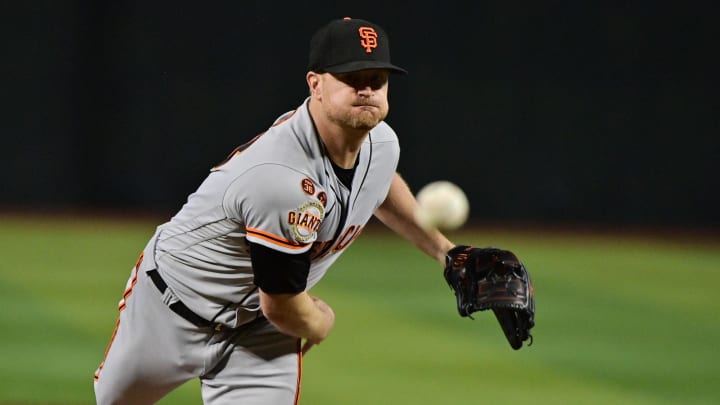 Sep 19, 2023; Phoenix, Arizona, USA; San Francisco Giants starting pitcher Alex Cobb (38) throws in the first inning against the Arizona Diamondbacks at Chase Field. Mandatory Credit: Matt Kartozian-USA TODAY Sports