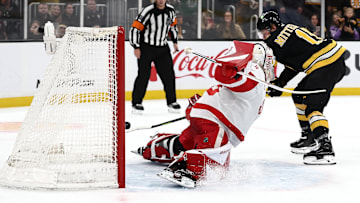 Nov 29, 2025; Boston, Massachusetts, USA; Boston Bruins center Casey Mittelstadt (11) scores the only goal during a shootout against Detroit Red Wings goaltender Cam Talbot (39) in Boston’s 3-2 win at TD Garden. Mandatory Credit: Winslow Townson-Imagn Images