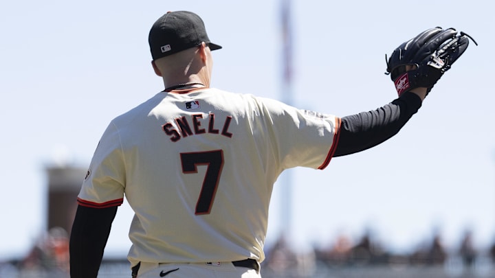 Sep 5, 2024; San Francisco, California, USA;  San Francisco Giants pitcher Blake Snell (7) catches the ball during the first inning against the Arizona Diamondbacks at Oracle Park