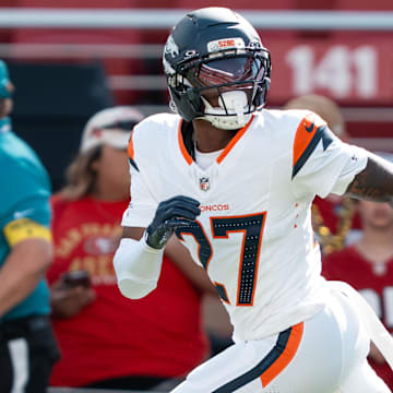 August 9, 2025; Santa Clara, California, USA; Denver Broncos cornerback Damarri Mathis (27) before the game against the San Francisco 49ers at Levi's Stadium. Mandatory Credit: Kyle Terada-Imagn Images