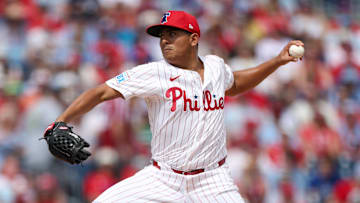 Mar 9, 2025; Clearwater, Florida, USA; Philadelphia Phillies pitcher Ranger Suárez (55) throws a pitch against the Baltimore Orioles in the first inning during spring trining at BayCare Ballpark.