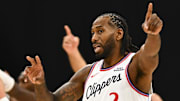 Oct 12, 2025; Inglewood, California, USA; LA Clippers forward Kawhi Leonard (2) points after the ref makes a call against the Denver Nuggets during the second quarter at Intuit Dome.