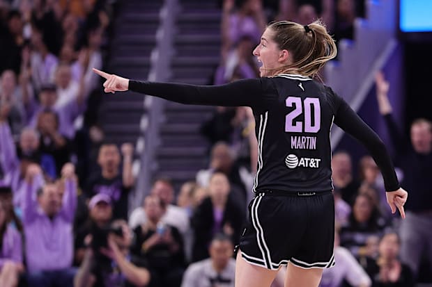 Golden State Valkyries guard Kate Martin celebrates after a basket. 