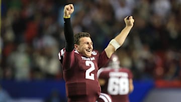 Dec 31, 2013; Atlanta, GA, USA; Texas A&M Aggies quarterback Johnny Manziel (2) reacts to a fourth-quarter interception against the Duke Blue Devils in the 2013 Chick-fil-A Bowl at the Georgia Dome. Mandatory Credit: Daniel Shirey-Imagn Images